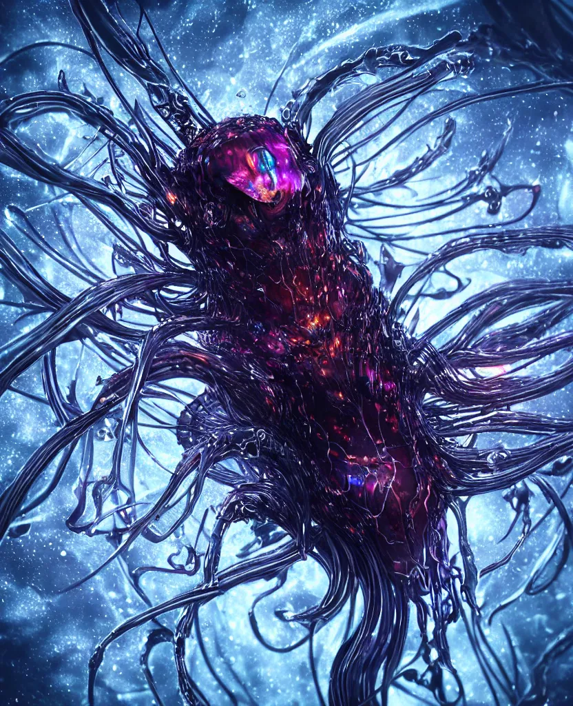 Image similar to close-up macro portrait of the face of a dark queen princess, epic angle, epic pose, symmetrical artwork, 3d with depth of field, blurred background. cybernetic jellyfish phoenix bird, translucent, nautilus. energy flows of water and fire. a highly detailed epic cinematic concept art CG render. made in Maya, Blender and Photoshop, octane render, excellent composition, cinematic dystopian brutalist atmosphere, dynamic dramatic cinematic lighting, aesthetic, very inspirational, arthouse. y Greg Rutkowski, Ilya Kuvshinov, WLOP, Stanley Artgerm Lau, Ruan Jia and Fenghua Zhong