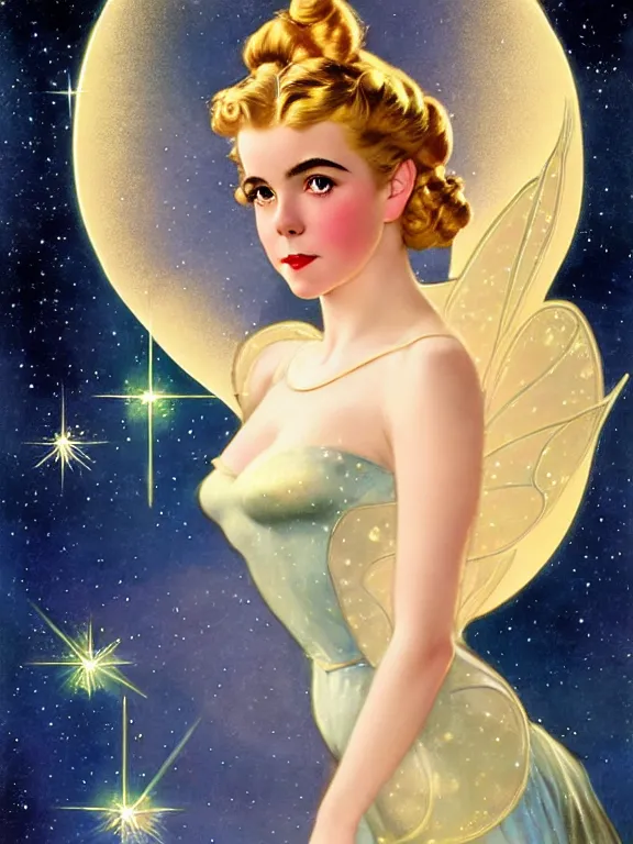 Prompt: kiernan shipka as tinkerbell glowing, a beautiful art nouveau portrait by Gil elvgren and Hajime Sorayama, moonlit starry sky environment, centered composition, defined features, golden ratio, gold jewlery, photorealistic professionals lighting, cinematic, sheer