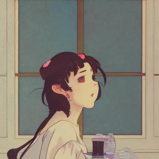 Image similar to a maid girl winking, film still, studio portrait, high quality, wlop, greg rutkowski, alphonse mucha, makoto shinkai, studio ghibli, highly detailed, 4 k