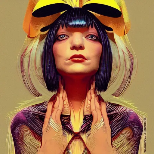 Image similar to portrait of crazy beautiful singer sia kate isobelle furler, big ribbon, symmetrical, by yoichi hatakenaka, masamune shirow, josan gonzales and dan mumford, ayami kojima, takato yamamoto, barclay shaw, karol bak, yukito kishiro