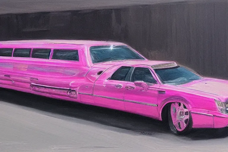 Image similar to a highly detailed pink stretch limo overflowing with cash, detailed painting by arturo faldi, trending on deviantart, octane, masterpiece