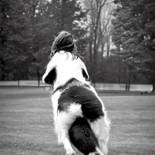 Prompt: girl riding a giant saint Bernard at the park catching a frisbee, trending on artstation