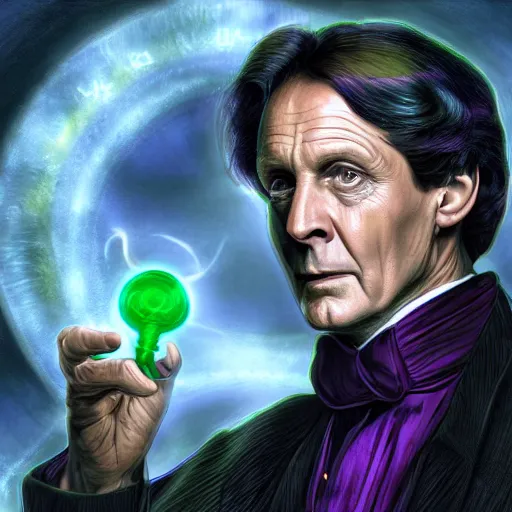 Image similar to Jeremy Brett as Sherlock Holmes as a powerful Warlock, with green energy emanating from his eyes, digital art 8k