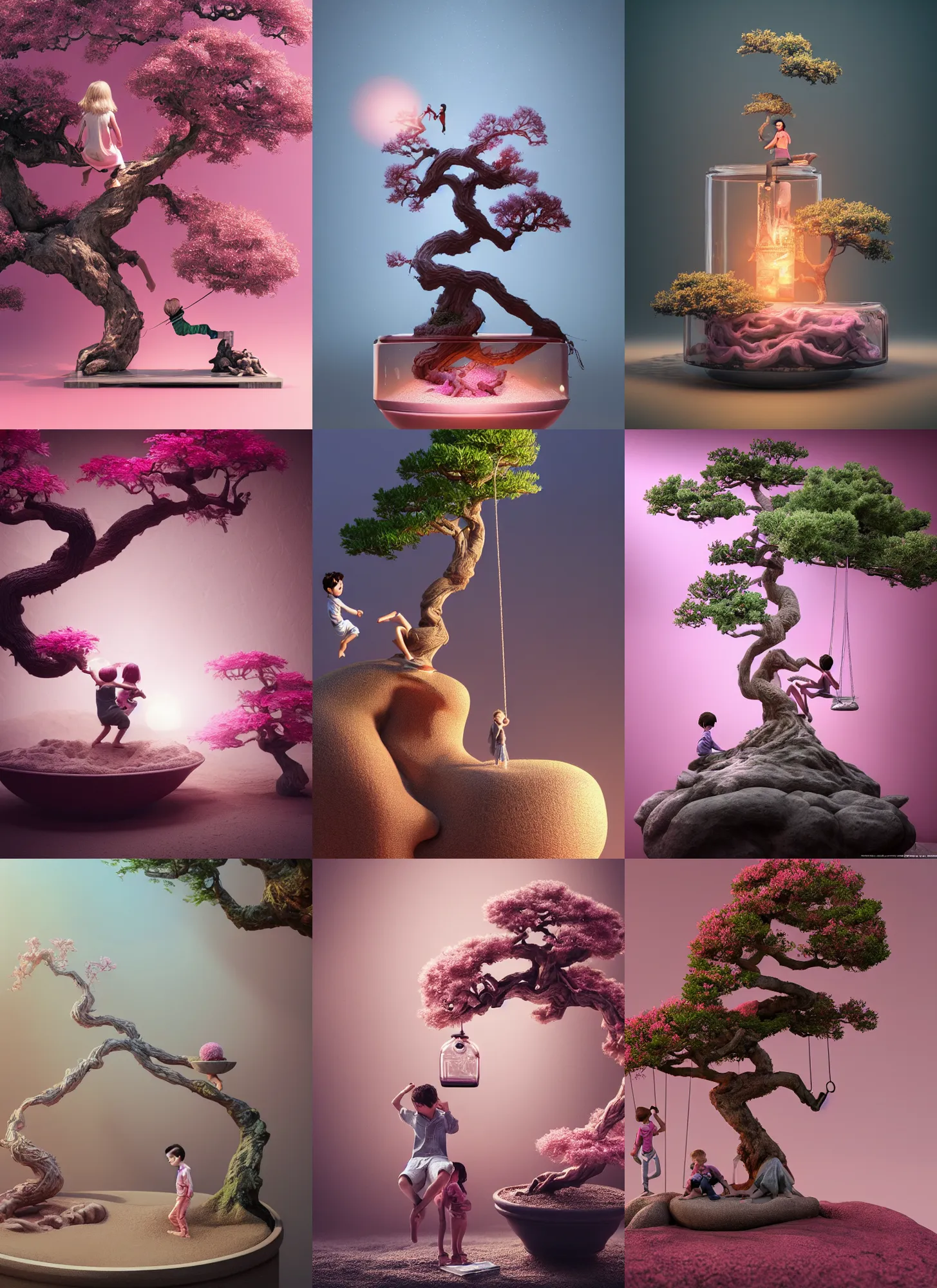 Prompt: boy and girl on pink bonsai tree, swinging inside a glass jar buried in sand, intricate detail, volumetric lighting, epic composition, hyper detailed, ultra realistic, sharp focus, octane render, volumetric, ray tracing, artstation trending, cgsociety, sense of awe, swirling mist, 4 k