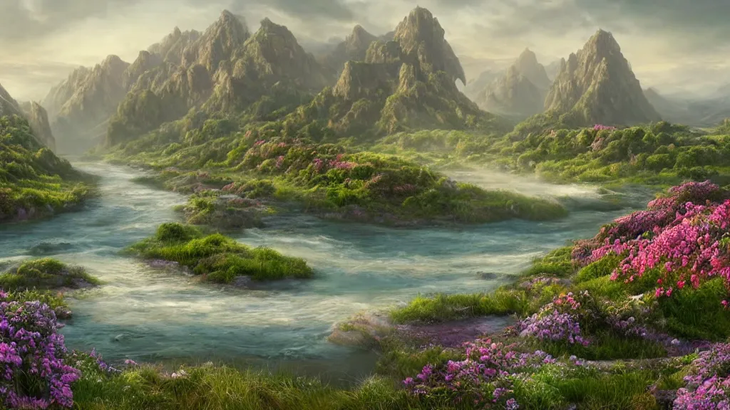 Image similar to Beautiful hyperrealistic detailed matte painting of a Landscape with a wide river in the middle of a meadow full of colorful flowers on the lost Vibes and mountains in the background, at the center there's a giant medieval fantasy portal gate with a rusty gold carved lion face at the center of it that takes you to another world, spring, delicate fog, sea breeze rises in the air, by andreas rocha and john howe, and Martin Johnson Heade, featured on artstation, featured on behance, golden ratio, ultrawide angle, f32, well composed