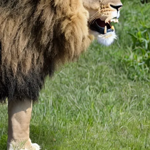 Image similar to lion roaring at the zoo wearing a hat