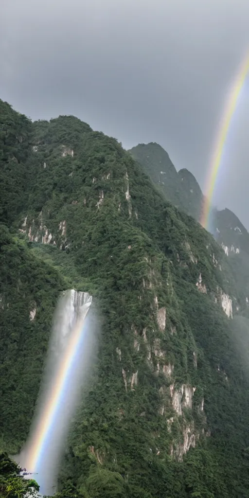 Image similar to A cloudy peak in southern China with one waterfall,one small rainbow in the middle of the waterfall. the style of National Geographic magazine