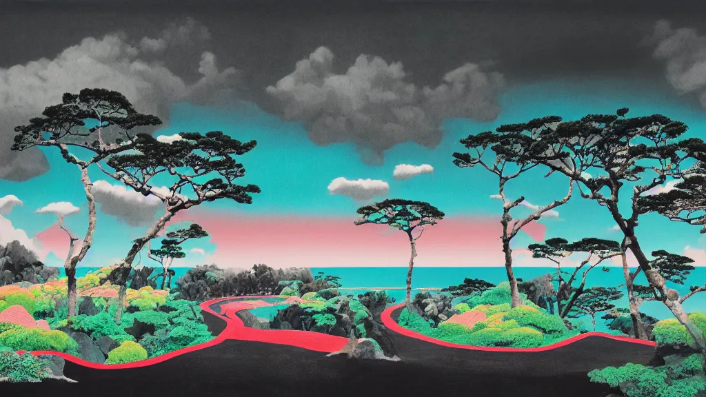 Image similar to dramatic landscape of okinawa prefecture, japan, a collage painting, in the style of wes anderson, lola dupre, david hockney, isolated on negative white space background dark monochrome neon fluorescent spraypaint accents volumetric octane render