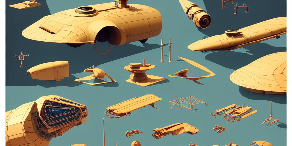 Image similar to collection of exploration of form and shapes, moebius, engine, props, hard surface, panel, simon stalenhag, kitbash, items, gadget, big medium small, close up, vehicles, futuristic, parts, machinery, greebles, insanely detailed, golden ratio, wes anderson color scheme, in watercolor gouache detailed paintings, sleek design, spaceship