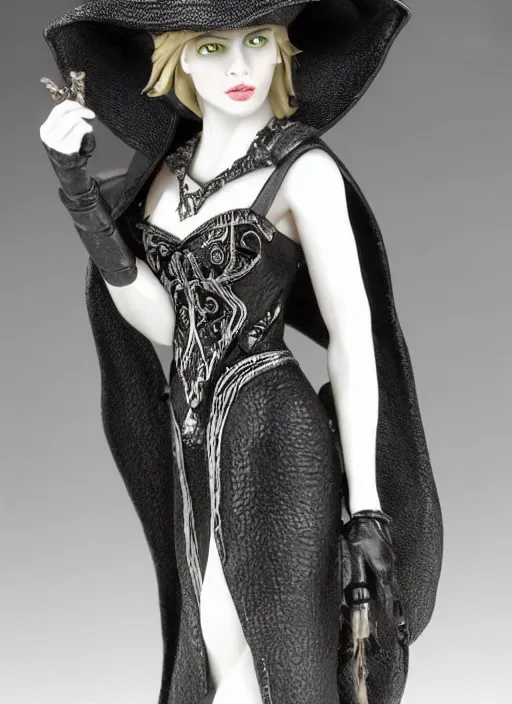 Prompt: Image on the store website, eBay, Detailed Miniature of a beautiful female sorceress, dress in black and gray and white, tricorn hat