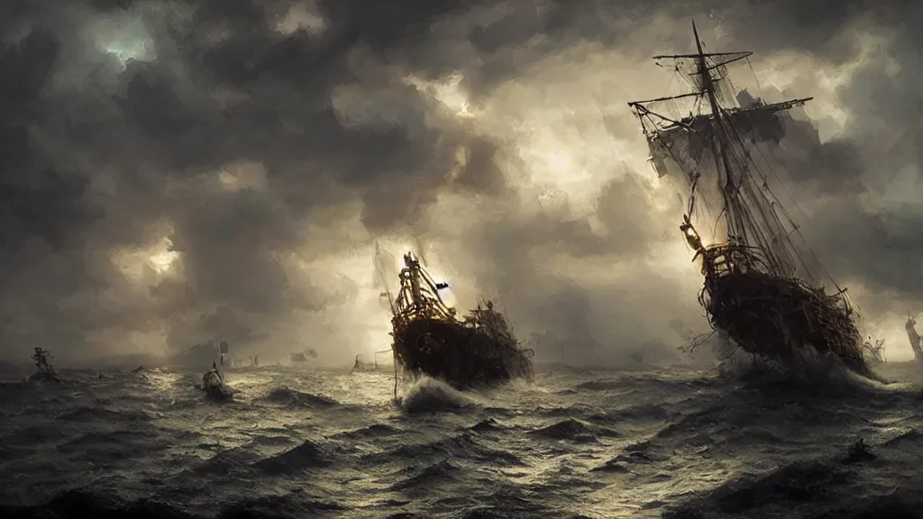 Prompt: small boat in foreground, massive kraken in the background, lightning in background, intricate, detailed, volumetric lighting, sharp focus, scenery, photorealism, digital painting, highly detailed, concept art, ruan jia, steve mccurry