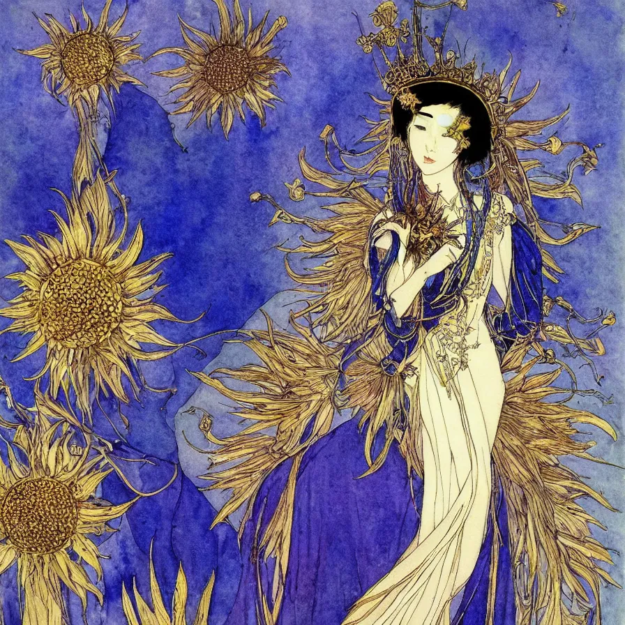 Prompt: watercolor, final fantasy character design, east-asian queen-goddess wearing a shiny golden sunflower crown, character portrait, angelic, shrouded in soft blueish smoke, harry clarke artwork