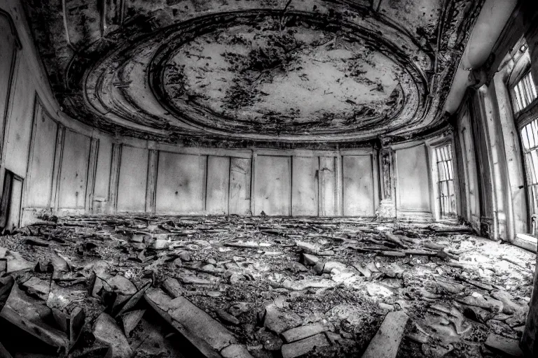 Image similar to photography of inside of an abandoned old opera fitlh and grim apex, creepy, dark atmosphere, ray of sun from the rooftop, wide angle, 1 6 mm lens fujifilm, grainy film