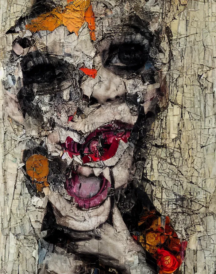 Prompt: laughing with fear detailed analogue mixed media collage with canvas texture in style of contemporary art, punk art, hyperrealistic beautiful face, photorealistic, expressionism, masterpiece, perfect composition, spectacular quality, intricate oil details, torn paper edges, glass