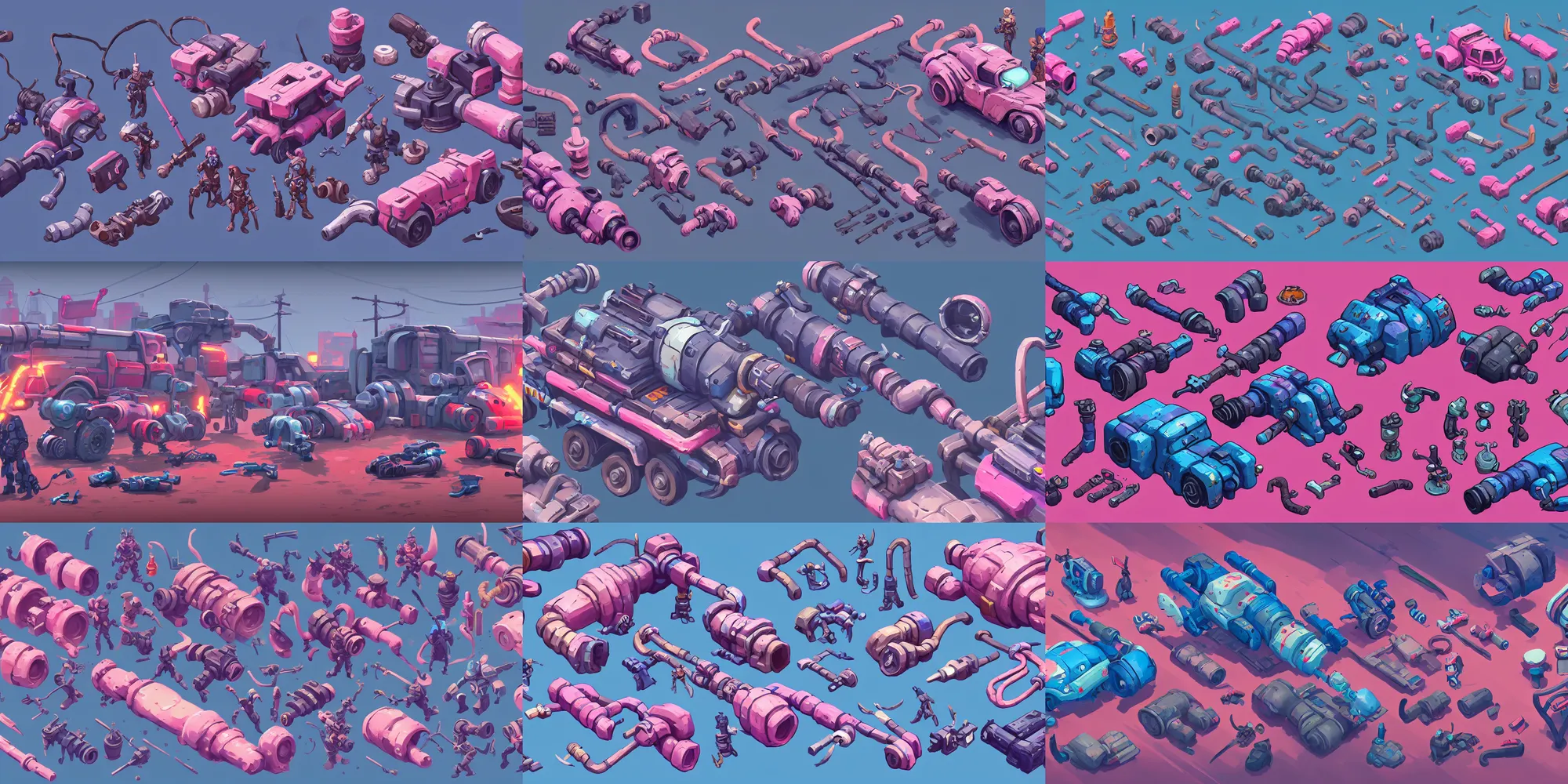 Prompt: game asset of cable and pipes, vehicles, in gouache detailed paintings, props, stylized, 2 d sprites, kitbash, arcane, overwatch, blue and pink color scheme, 8 k, close up