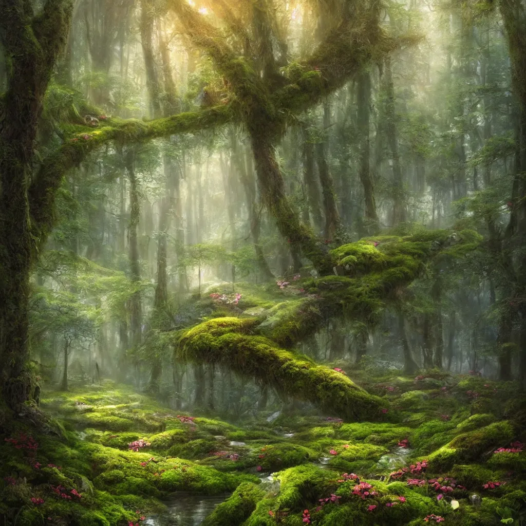 Prompt: A wide shot by an extremely high resolution digital camera of an enchanted forest is shown. Genetically modified magic moss, covering the ground, with a barely seen lake beneath it. Rare, magically glowing, incredible flowers are seen all over the landscape. Greg Rutkowski and Thomas Kinkade. Trending on Artstation.