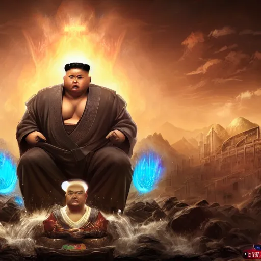 Image similar to portrait of kim - jong un as buddha, league of legends amazing splashscreen artwork, gears of war, splash art, natural light, elegant, photorealistic facial features, intricate, fantasy, detailed face, atmospheric lighting, anamorphic lens flare, cinematic lighting, league of legends splash art, hd wallpaper, ultra high details by greg rutkowski