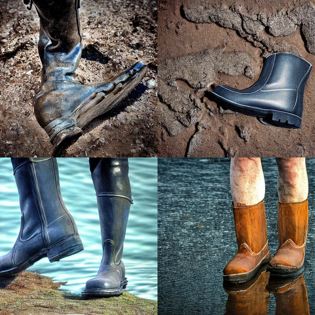 Prompt: A fish in steel toed boots taking its first steps on land photograph realistic