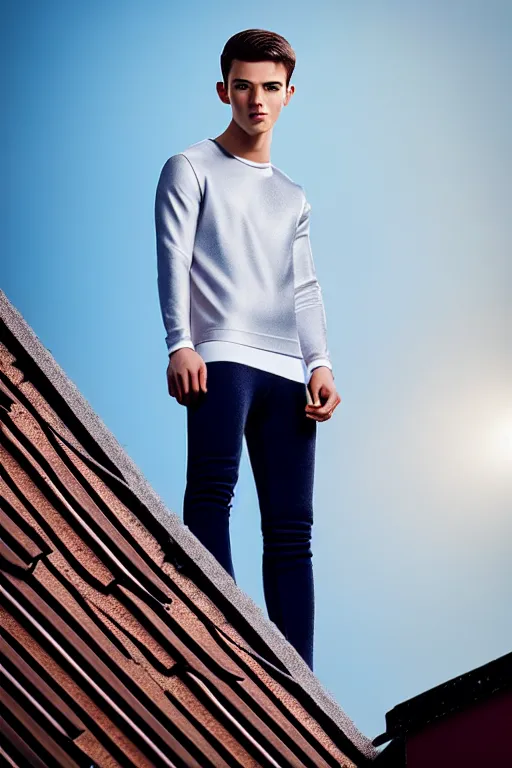 Image similar to un ultra high definition studio quality photographic art portrait of a young man standing on the rooftop of a british apartment building wearing soft padded silver pearlescent clothing. three point light. extremely detailed. golden ratio, ray tracing, volumetric light, shallow depth of field. set dressed.