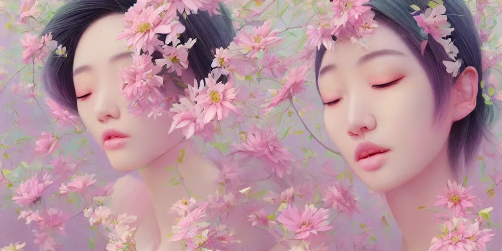 Image similar to highly detailed pastel colors of an ethereal asian beauty morphing gradually into flowers, by artgerm and hsiao - ron cheng, smooth composition, fine patterns and detail