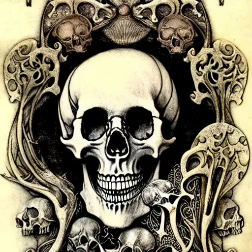 Image similar to melancholy memento mori by arthur rackham, detailed, art nouveau, gothic, ornately carved beautiful antique skull dominant, intricately carved antique bone, skulls, botanicals, art forms of nature by ernst haeckel, horizontal symmetry, arthur rackham, ernst haeckel