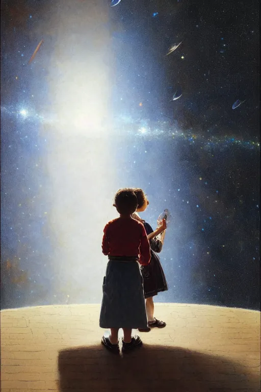 Image similar to a 5 year old boy and 1 2 year old girl looking at a wall and viewing the universe full of galaxies, part by norman rockwell, part by greg rutkowski, part by mattias adolfsson, high angle, ( ( ( ( volumetric lighting ) ) ) ), oil on canvas