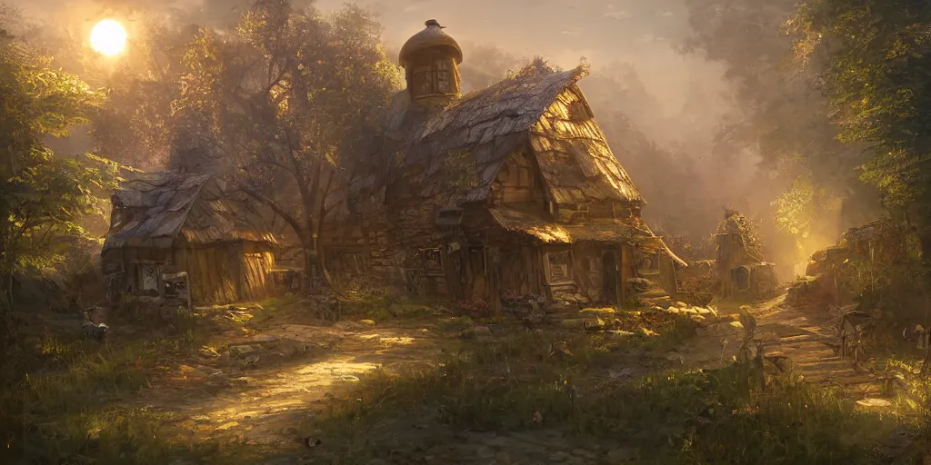 Prompt: small house of an inventor, fantasy steamunk elements, barn, sand, shining sun, river, magic, sunlight rays, with trees and plants around Darek Zabrocki, Karlkka, trending on Artstation, 8K