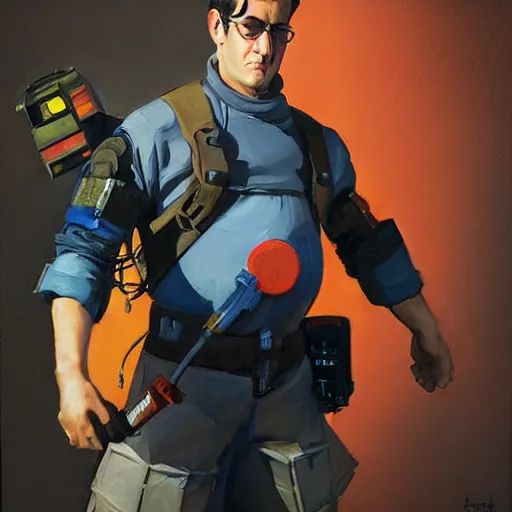 Image similar to greg manchess portrait painting of armored ghostbuster egon spengler as overwatch character, medium shot, asymmetrical, profile picture, organic painting, sunny day, matte painting, bold shapes, hard edges, street art, trending on artstation, by huang guangjian and gil elvgren and sachin teng