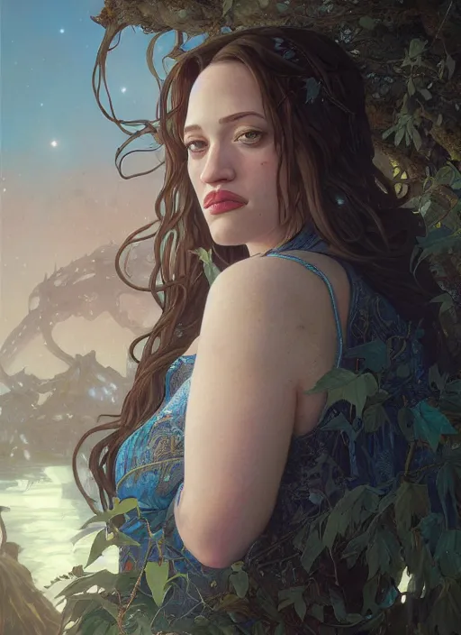 Image similar to Hyper realistic detailed portrait of Kat Dennings, Stephen Bliss, unreal engine, fantasy art by Greg Rutkowski, Loish, Rhads, ferdinand knab, Makoto Shinkai and Lois van baarle, ilya kuvshinov, rossdraws, Tom Bagshaw, alphonse mucha, global illumination, radiant light, detailed and intricate environment, highly detailed, award winning art