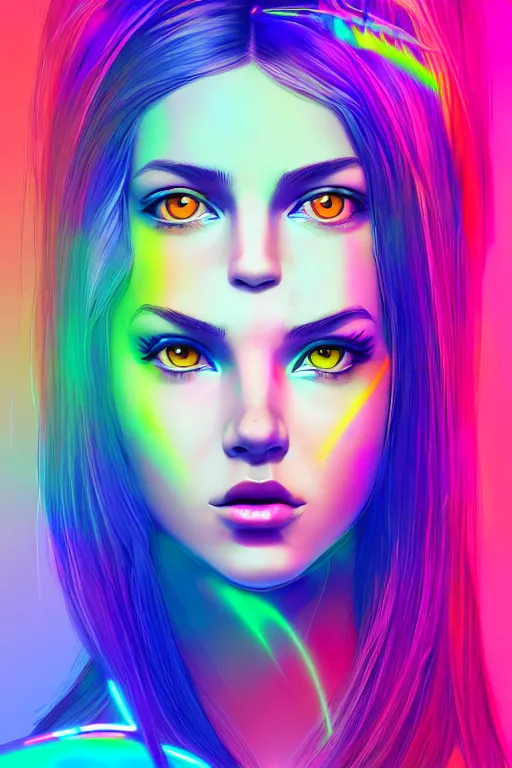 Image similar to a award winning portrait of a beautiful woman with stunning eyes in a one off shoulder croptop and cargo pants with rainbow colored hair, outlined by whirling illuminated neon lines and fine lines swirling in circles by ilya kuvshinov, digital art, trending on artstation