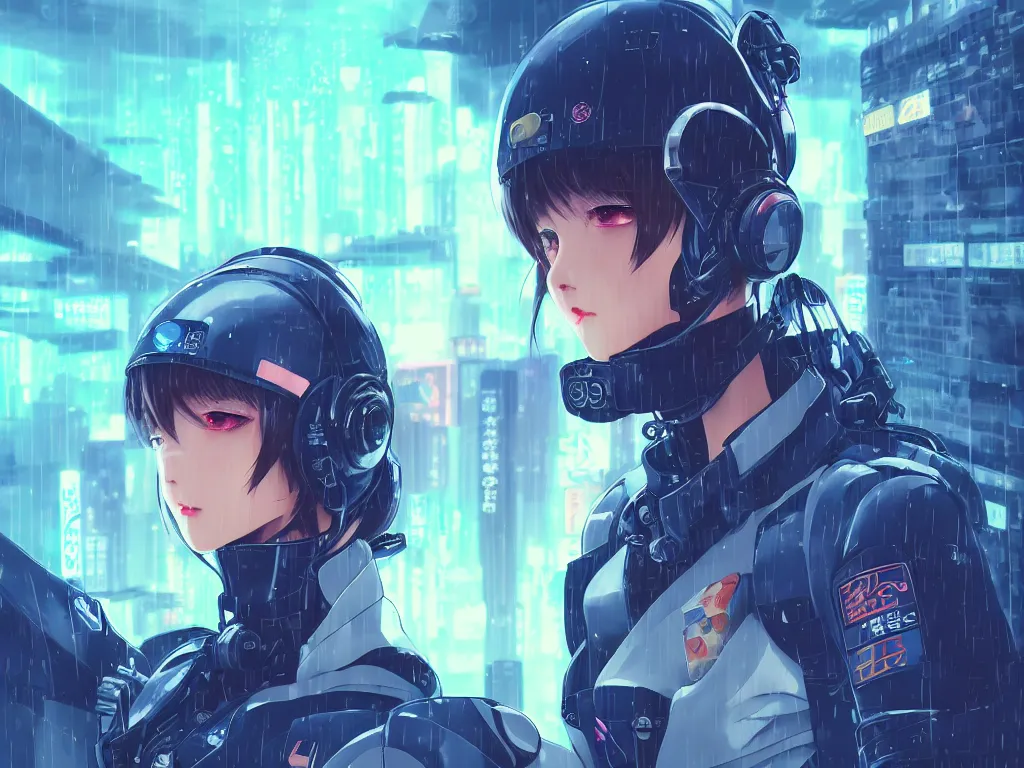 Image similar to portrait key anime visual futuristic female cyber airforce pilot, on cyberpunk neon light tokyo rainy rooftop, ssci - fi and fantasy, intricate and very beautiful, human structure, concept art, sharp focus, anime drawing by huaixuan xiang