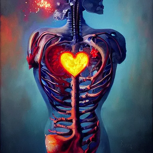 Image similar to a beautiful painting by Grzegorz greg rutkowski of an anatomically correct heart bursting out of an anatomically correct skeletal rib-cage and exploding into rainbows and sunflowers, trending on artstation hq