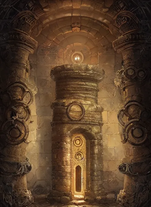 Prompt: a mysterious stone pillar covered with circular mechanisms and glyphs, in an ancient vault, rundown vault, fantasy digital painting, stunning intricate details, dim torch lighting, artwork by ross tran, artgerm