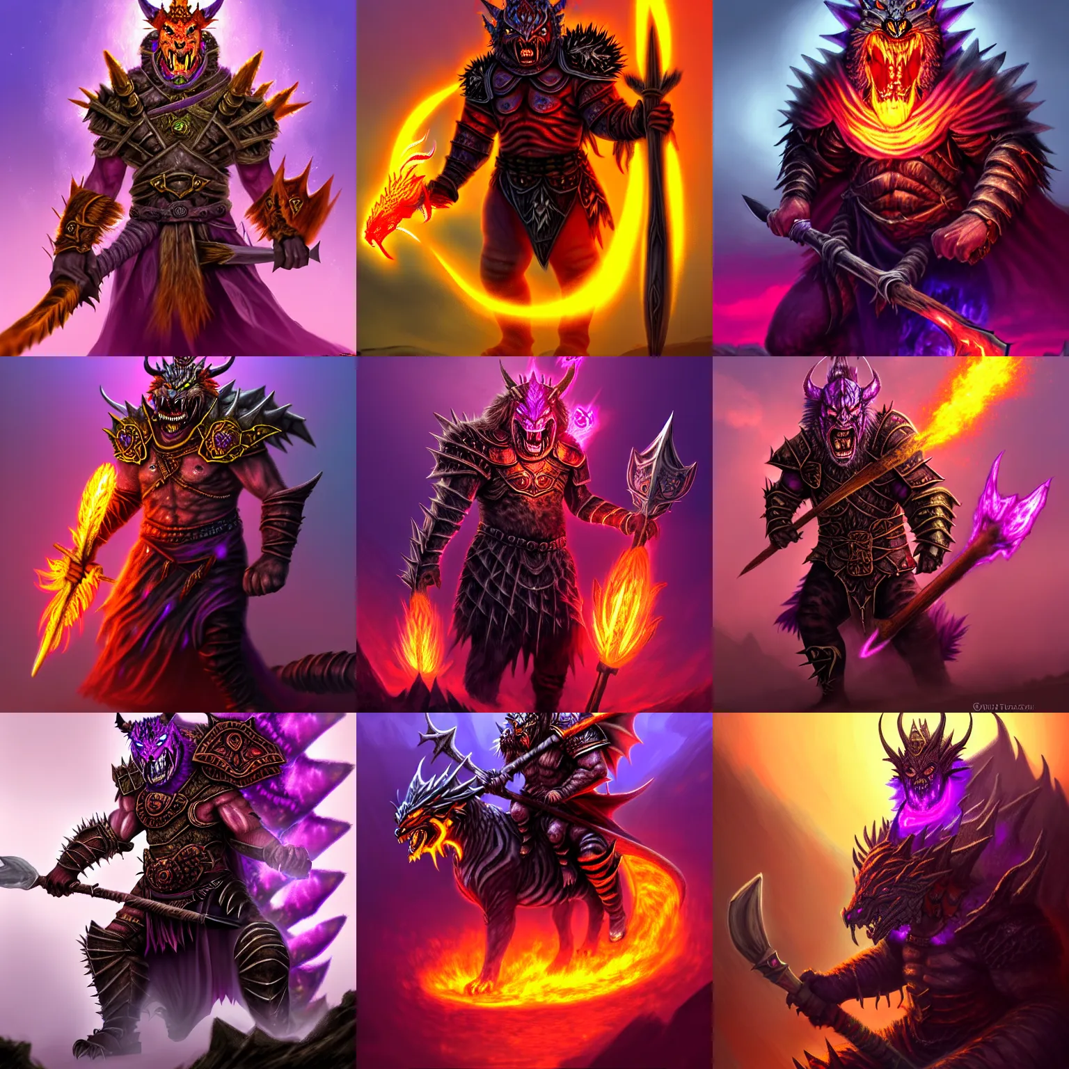 Prompt: enraged orc king in spiky armor with a purple fiery aura aura aura aura aura aura, wearing a dragon mask, holding a poisonous axe, riding riding riding riding riding riding a tiger, trending on artstation, sharp focus, highly detailed, digital fantasy art