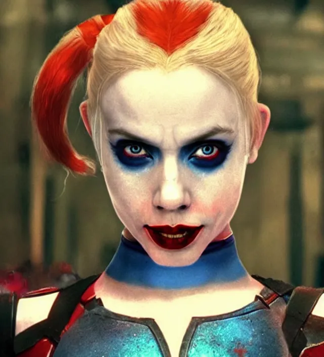 Image similar to harley quinn in star wars, movie still frame, hd, remastered, film grain, cinematic lighting