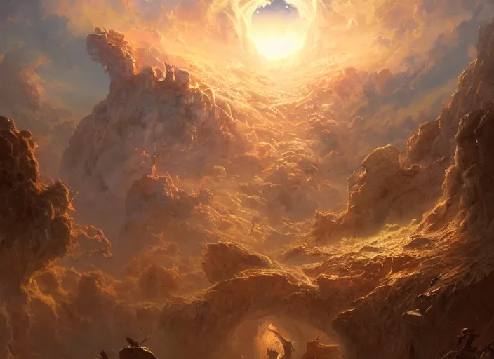 Image similar to A crackling portal to hell opening in an idyllic heavenly sky, a fantasy digital painting by Greg Rutkowski and James Gurney, trending on Artstation, highly detailed