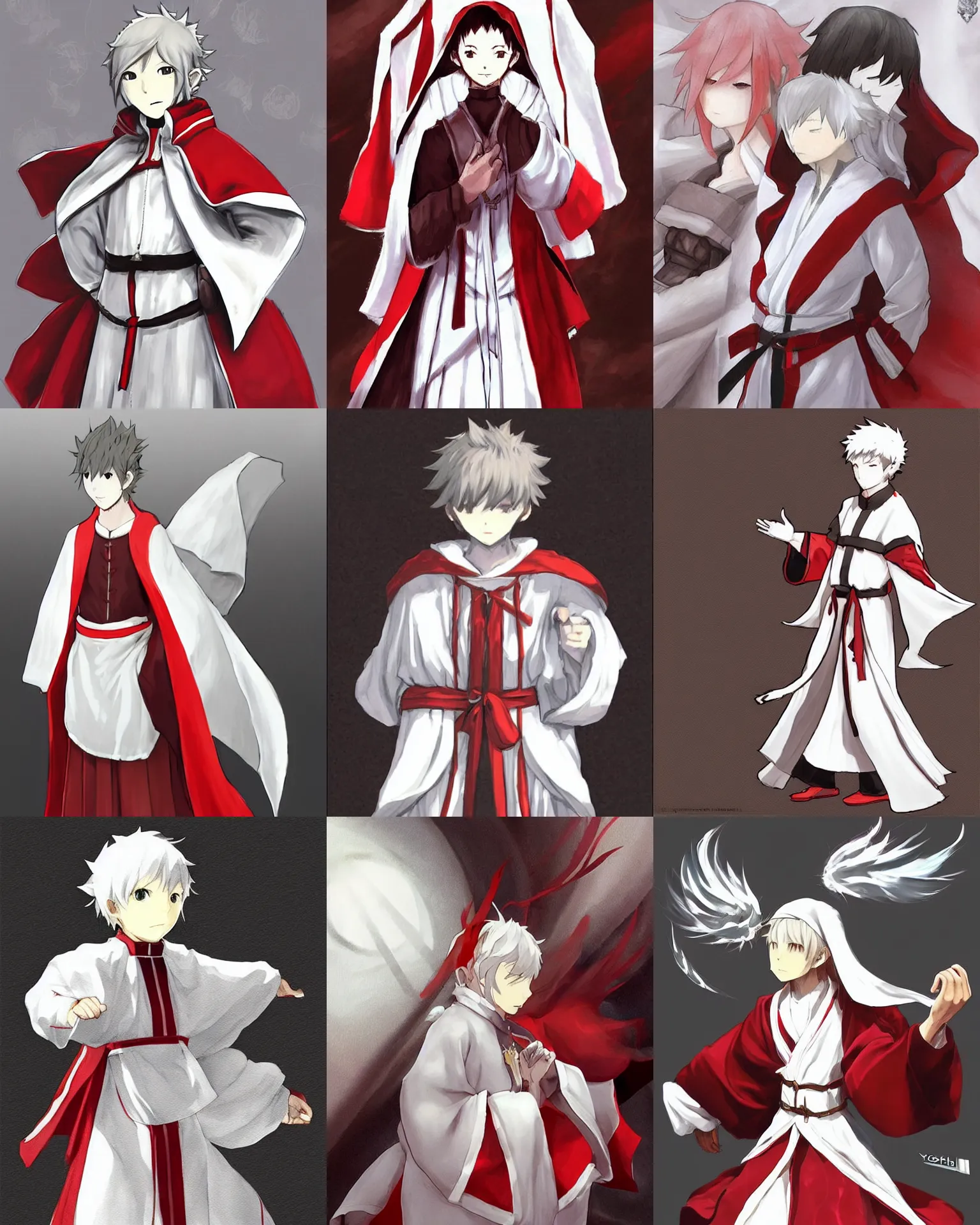 Prompt: “ art by yoshida akihiko in his bravely default style, a young priest in white and red robes. concept art, detailed, warm, hopeful. ”