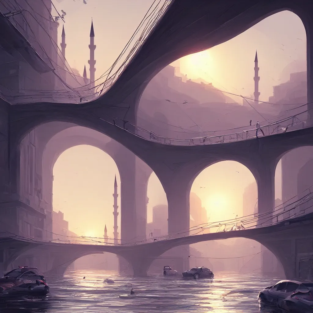 Image similar to a cinematic scene from istanbul bridge, concept art by nick ford and sylvain sarrailh,