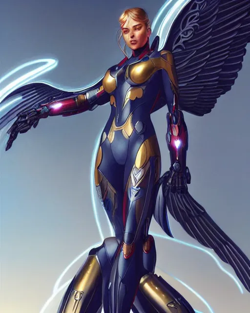 Image similar to Beautiful female, marvel's falcon mecha suit, portrait, with wings, rays of light, fantasy, intricate triangular designs, elegant, highly detailed, sharp focus, art by Artgerm and Greg Rutkowski and WLOP