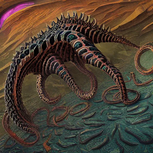 Image similar to desert river serpentine crinoid monster with reptilian iridescent tile scales, maximalist art nouveau, cgsociety, artstation by gustave dore and tyler edlin