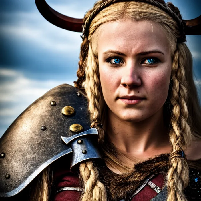 Image similar to professional photograph of a beautiful! female viking warrior. Extremely detailed. 8k