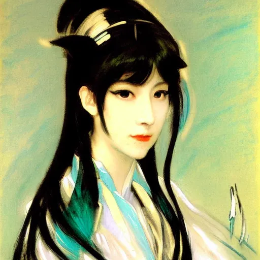Image similar to painted portrait of miku hatsune, by john singer sargent