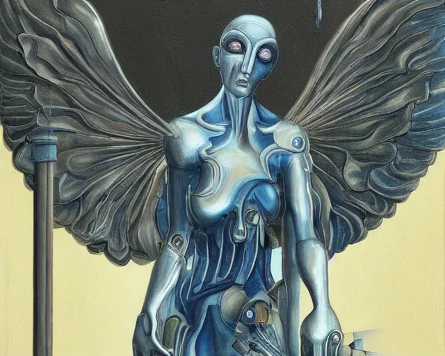 Prompt: a utopian gothic surrealism painting of an cybernetic angel