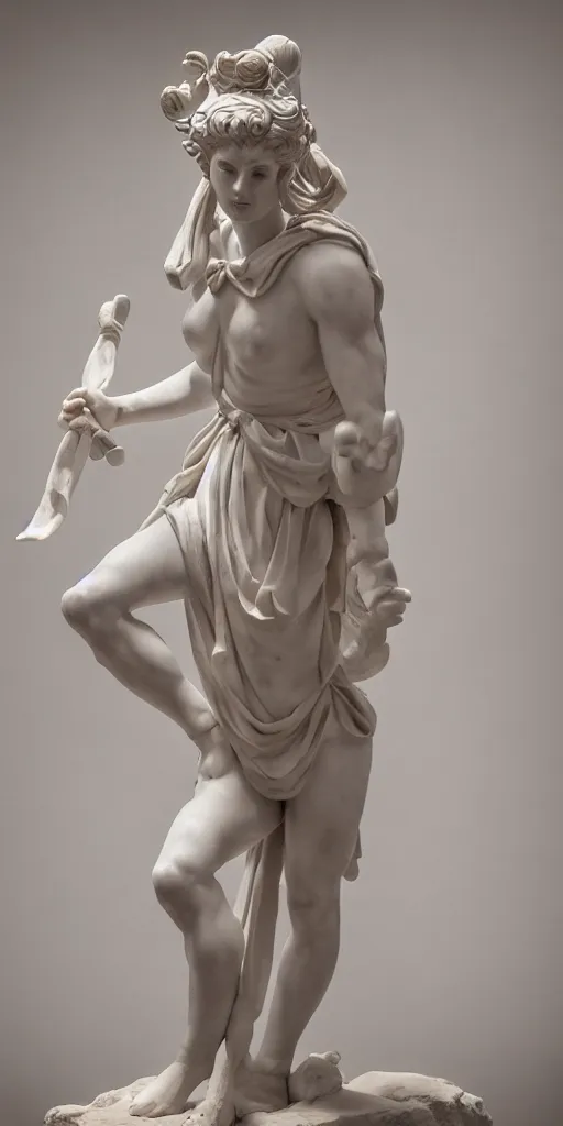 Prompt: an ancient greek statue of the sailor moon in her battle uniform sailor fuku, inside louvre by michelangelo and donatello, white marble, studio lighting, professional photography, 4 k ultra hd resolution,