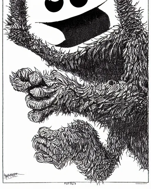 Image similar to an illustration of Cookie Monster, full body, pen-and-ink illustration, etching, by Russ Nicholson, DAvid A Trampier, larry elmore, 1981, HQ scan, intricate details