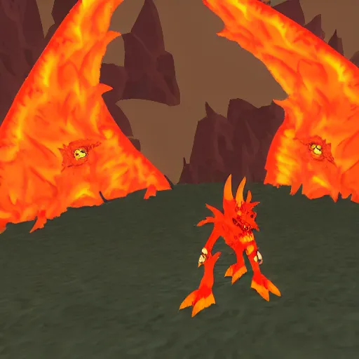 Image similar to TzKal-Zuk at the Inferno, old school runescape, lava river, magma, large shield of magma, obsidian pillars