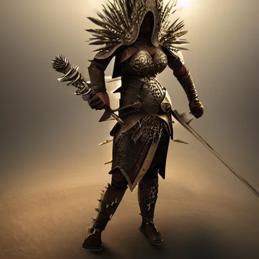 Image similar to female warrior with spiky armour with a mace, highly detailed, dramatic lighting, cinematic, 4k