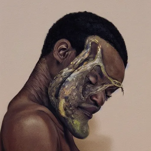 Image similar to a painting of a elegant, well fed, smooth-chinned, long nose, African, elder with few eyebrows by Wangechi Mutu . thinker without facial hair, thoughtful, focused, visionary, calm, jovial, loving, fatherly, generous, . dramatic angle, ethereal lights, details, smooth, sharp focus, illustration, realistic, cinematic, artstation, award winning, rgb , unreal engine, octane render, cinematic light, macro, depth of field, blur, red light and clouds from the back, highly detailed epic cinematic concept art CG render made in Maya, Blender and Photoshop, octane render, excellent composition, dynamic dramatic cinematic lighting, aesthetic, very inspirational, arthouse.