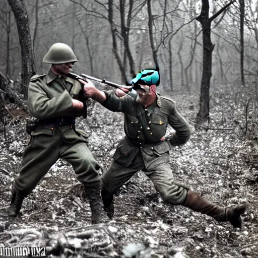 Image similar to ww 2 battlefield encounter in the woods between a german and a soviet soldier