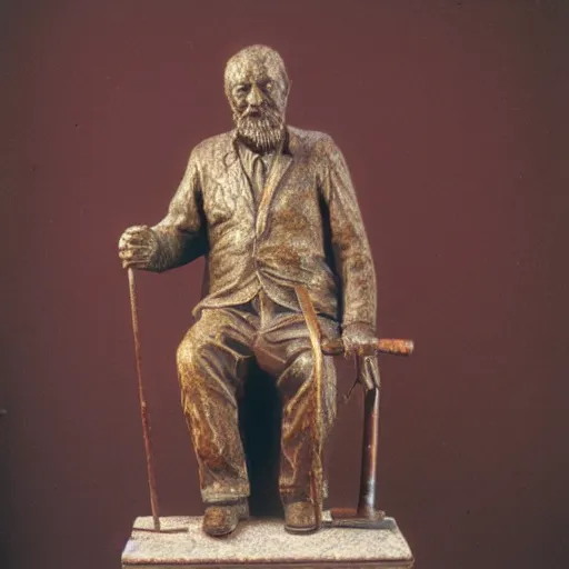 Image similar to patina bronze sculpture, old man with cane, in museum, soft light, kodak gold 2 0 0,